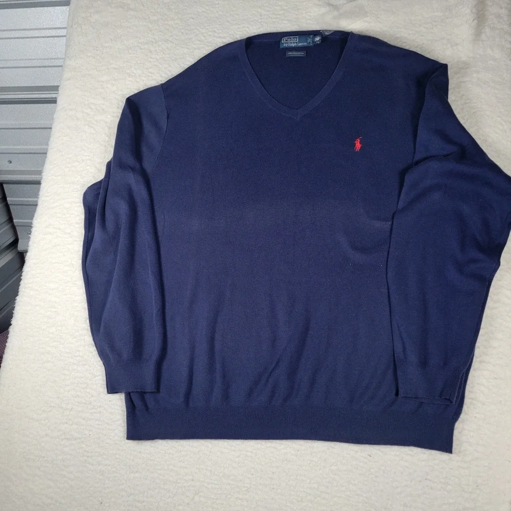 Polo Ralph Lauren Sweater Mens 2XL Navy Blue VNeck 100% Pima Cotton Italian Yarn